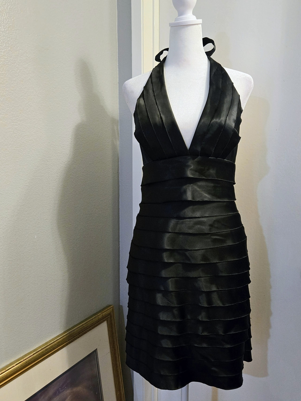 Black Halter Layered Cocktail Mini Dress With Zipper And Tie Ribbon Size M